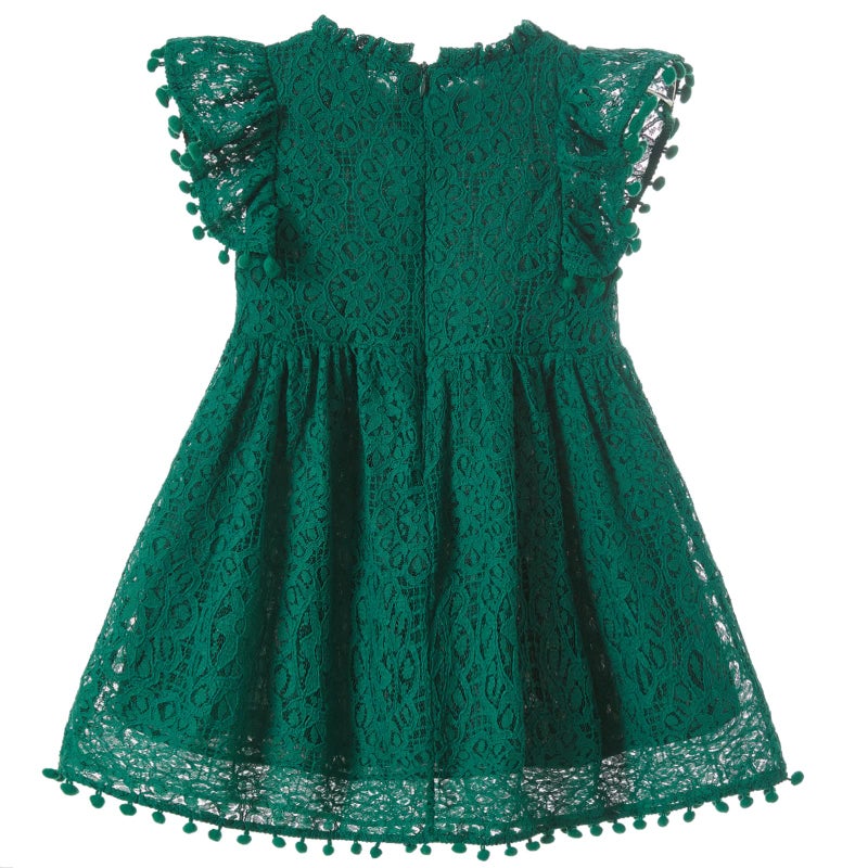 Niyage Toddler Girls Elegant Lace Pom Pom Flutter Sleeve Party Princess Dress Dark Green 140 - Image 2